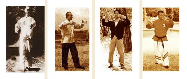 Wang Xiang Zhai, Yao Zong Xun, Cui Rui Bin et Ilias Calimintzos, chacun en posture de Zhan Zhuang